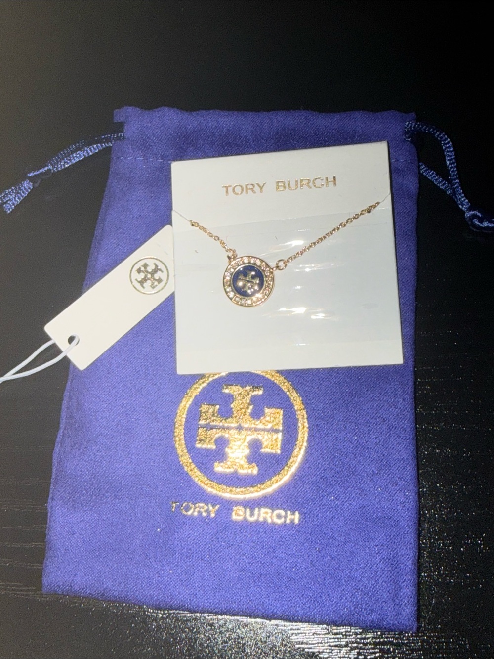 Tory Burch Gold-Tone Necklace with Navy Enamel Logo Disc